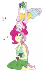 Size: 779x1304 | Tagged: safe, artist:ponyretirementhome, derpibooru import, fluttershy, gummy, pinkie pie, alligator, rabbit, equestria girls, animal, female, flutterpie, grin, lesbian, shipping, smiling