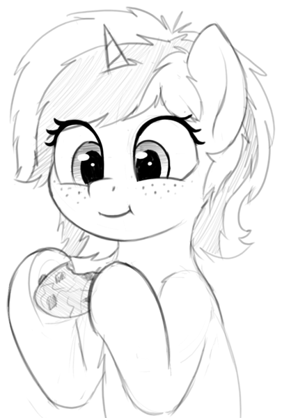 Size: 904x1338 | Tagged: safe, artist:zippysqrl, derpibooru import, oc, oc:sign, unofficial characters only, pony, unicorn, bust, cookie, cute, eating, female, food, freckles, grayscale, happy, hoof hold, monochrome, solo, underhoof