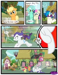 Size: 3500x4500 | Tagged: safe, artist:becauseimpink, derpibooru import, apple bloom, bon bon, lyra heartstrings, rarity, scootaloo, sweetie belle, sweetie drops, vinyl scratch, earth pony, pony, unicorn, comic:transition, applebuck, colt, comic, cutie mark crusaders, dialogue, elusive, eyes closed, guyra, male, on back, raised hoof, rule 63, running, scooteroll, silver bell, stallion, transgender, tripping