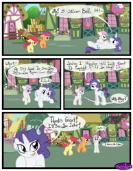 Size: 3500x4500 | Tagged: safe, artist:becauseimpink, derpibooru import, apple bloom, rarity, scootaloo, sweetie belle, earth pony, pegasus, pony, unicorn, comic:transition, applebuck, colt, comic, cutie mark crusaders, dialogue, elusive, male, on back, ponyville, rule 63, running, scooteroll, silver bell, stallion, transgender