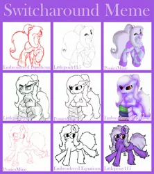 Size: 1920x2162 | Tagged: safe, artist:embroidered equations, artist:littlepony115, artist:poniesmine, derpibooru import, oc, oc:aggie, unofficial characters only, earth pony, pony, book, chest fluff, cute, lineart, meme, purple, red eyes, shading, sketch, solo, splotches, unshorn fetlocks