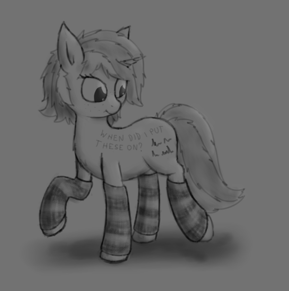 Size: 2314x2335 | Tagged: safe, artist:deerdraw, derpibooru import, oc, oc:sign, unofficial characters only, pony, unicorn, :t, body writing, clothes, female, freckles, grayscale, looking back, monochrome, raised hoof, socks, solo, striped socks, zippysqrl's birthday