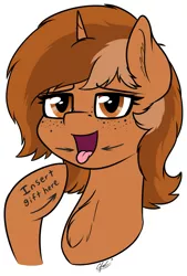Size: 1081x1596 | Tagged: suggestive, artist:seafooddinner, derpibooru import, oc, oc:sign, pony, unicorn, body writing, bust, chest fluff, female, freckles, implied blowjob, implied oral, implied sex, innuendo, inviting, mare, mute, open mouth, pointing at self, simple background, tongue out, zippysqrl's birthday