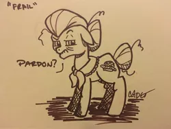 Size: 4032x3024 | Tagged: safe, artist:cadetredshirt, derpibooru import, granny smith, earth pony, pony, clothes, droopy ears, hair bun, ink, ink drawing, inktober, inktober 2019, looking at camera, looking at you, skeptical, sketch, solo, standing, traditional art