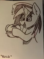 Size: 1536x2048 | Tagged: safe, artist:cadetredshirt, derpibooru import, vinyl scratch, pony, unicorn, burger, eating, female, food, horn, ink, ink drawing, inktober, inktober 2019, missing accessory, no glasses, sketch, smiling, solo, traditional art, two toned mane