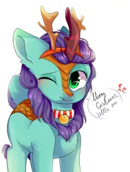 Size: 2329x3084 | Tagged: antlers, artist:pledik808, bell, bell collar, blushing, christmas, collar, deer, derpibooru import, holiday, hybrid, kirin, oc, oc:searing cold, one eye closed, reindeer, reindeer antlers, safe, wink