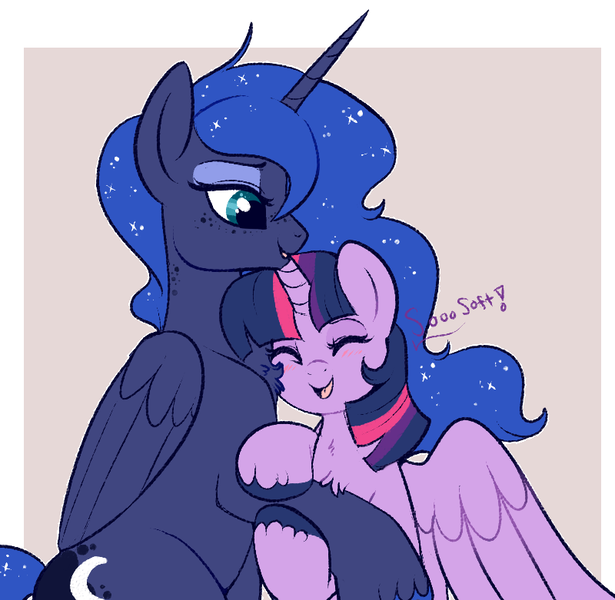 Size: 800x781 | Tagged: safe, artist:lulubell, derpibooru import, princess luna, twilight sparkle, twilight sparkle (alicorn), alicorn, pony, blushing, chest fluff, eyes closed, female, freckles, lesbian, mare, nuzzling, shipping, twiluna, unshorn fetlocks