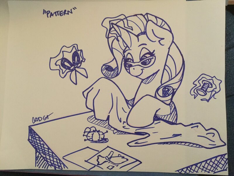 Size: 2048x1536 | Tagged: safe, artist:cadetredshirt, derpibooru import, rarity, pony, unicorn, accessories, ear fluff, fabric, glasses, horn, ink, ink drawing, inktober, inktober 2019, magic, pattern, pincushion, scissors, sitting, solo, table, thread, traditional art