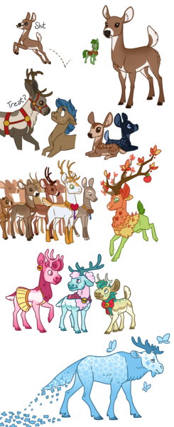 Size: 1800x4400 | Tagged: safe, artist:jackiebloom, derpibooru import, alice the reindeer, aurora the reindeer, bori the reindeer, king aspen, the great seedling, oc, oc:magnoliophyta, oc:queen juniper, butterfly, deer, earth pony, moose, pegasus, pony, reindeer, animal, cloven hooves, deer oc, doe, fawn, female, headcanon, male, simple background, stag, transparent background, whitetail deer