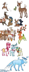 Size: 1800x4400 | Tagged: safe, artist:jackiebloom, derpibooru import, alice the reindeer, aurora the reindeer, bori the reindeer, king aspen, the great seedling, oc, oc:magnoliophyta, oc:queen juniper, butterfly, deer, earth pony, moose, pegasus, pony, reindeer, animal, cloven hooves, deer oc, doe, fawn, female, headcanon, male, simple background, stag, transparent background, whitetail deer