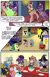 Size: 724x1103 | Tagged: safe, artist:candyclumsy, author:bigonionbean, derpibooru import, oc, oc:heartstrong flare, oc:king speedy hooves, oc:princess healing glory, oc:princess mythic majestic, oc:princess sincere scholar, oc:queen galaxia, alicorn, pony, comic:nightmare pulsar, alicorn oc, canterlot, canterlot castle, clothes, comic, commissioner:bigonionbean, costume, dialogue, dining room, dining table, drink, female, food, fusion, fusion: princess healing glory, fusion:heartstrong flare, fusion:king speedy hooves, fusion:princess mythic majestic, fusion:princess sincere scholar, fusion:queen galaxia, glasses, hair bun, halloween, halo, holiday, horn, husband and wife, jewelry, later, magic, magician outfit, male, nerd pony, nightmare night, overalls, pumpkin, random pony, regalia, shadowbolts costume, stallion, trick or treat, wings