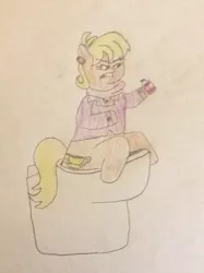 Size: 772x1034 | Tagged: safe, artist:snipiper, derpibooru import, ms. harshwhinny, earth pony, pony, angry, but why, female, implied farting, implied pooping, laxative, toilet, traditional art
