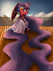 Size: 774x1032 | Tagged: safe, artist:summersstarsepos643, derpibooru import, oc, oc:summer stars, pony, alternate hairstyle, impossibly long hair, long hair, long mane, long tail, mountain, sitting