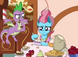 Size: 1043x766 | Tagged: safe, artist:dualtry, derpibooru import, cup cake, spike, dragon, earth pony, pony, the big mac question, apple, batter, bowl, cake, cooking, duo, flour, food, pie, scene interpretation, winged spike