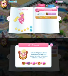 Size: 1280x1440 | Tagged: safe, derpibooru import, lily, lily valley, earth pony, pony, bio, flower, flower in hair, game screencap, gameloft, gem, stars
