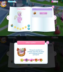 Size: 1280x1440 | Tagged: safe, derpibooru import, lilac luster, crystal pony, earth pony, pony, bio, flower, flower in hair, game screencap, gameloft, gem, stars