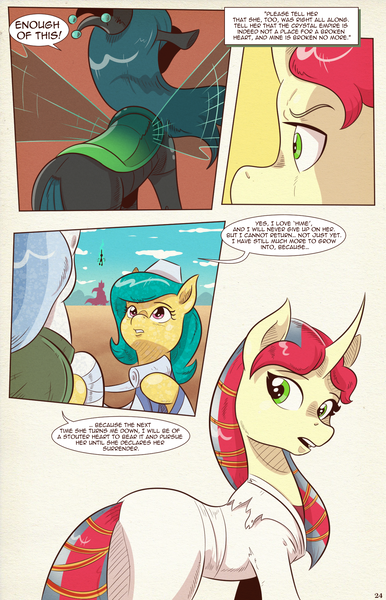 Size: 1253x1950 | Tagged: safe, artist:saturdaymorningproj, derpibooru import, queen chrysalis, oc, oc:himecchi shinku, changeling, changeling queen, earth pony, pony, unicorn, comic:i await a guardian, bandage, comic, curved horn, female, horn