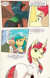 Size: 1253x1950 | Tagged: safe, artist:saturdaymorningproj, derpibooru import, queen chrysalis, oc, oc:himecchi shinku, changeling, changeling queen, earth pony, pony, unicorn, comic:i await a guardian, bandage, comic, curved horn, female, horn