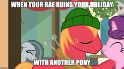 Size: 888x499 | Tagged: safe, derpibooru import, edit, edited screencap, screencap, big macintosh, marble pie, sugar belle, best gift ever, caption, female, heartbroken marble, image macro, male, shipping, side chick, straight, sugarmac, text