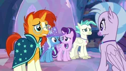 Size: 1920x1080 | Tagged: safe, derpibooru import, screencap, silverstream, starlight glimmer, sunburst, terramar, trixie, classical hippogriff, hippogriff, pony, unicorn, student counsel, female, male, mare, quadrupedal, stallion, treehouse of harmony