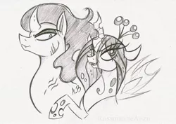 Size: 1024x725 | Tagged: artist:rossmaniteanzu, changeling, chrysombra, derpibooru import, female, king sombra, male, open mouth, pencil drawing, queen chrysalis, safe, shipping, stallion, straight, talking, traditional art