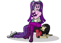 Size: 900x635 | Tagged: safe, artist:pony4koma, derpibooru import, aria blaze, oc, oc:red soul, human, equestria girls, angry, ariabetes, bare shoulders, breasts, chair, clothes, converse, cute, disguise, disguised siren, duo, female, long hair, makeup, male, midriff, pigtails, shoes, sitting, sleeveless, smiling, strapless, tube top, twintails, wristband