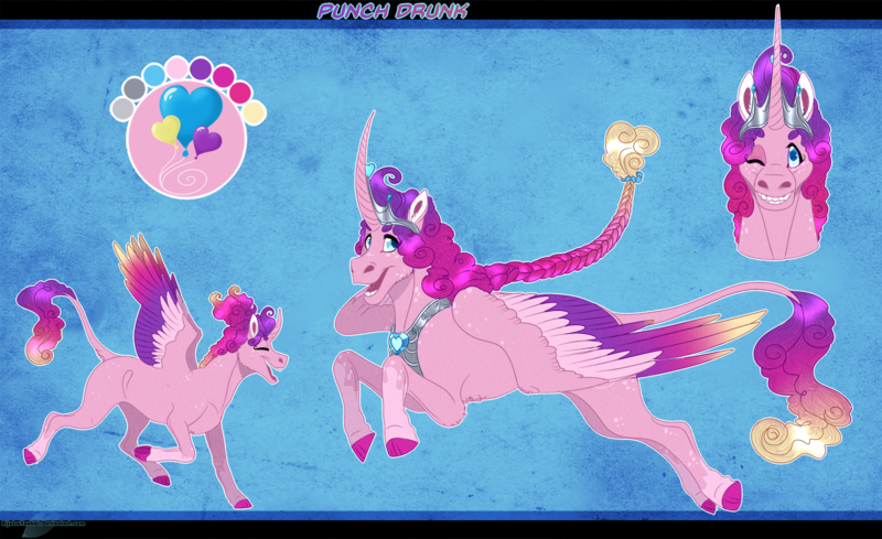 Size: 1607x983 | Tagged: safe, artist:bijutsuyoukai, derpibooru import, oc, oc:punch drunk, alicorn, pony, abstract background, alicorn oc, colored wings, colored wingtips, curved horn, hoof crack, horn, human teeth, jewelry, magical lesbian spawn, male, offspring, parent:pinkie pie, parent:princess cadance, parents:cadancepie, reference sheet, regalia, solo, stallion, uncanny valley, wings