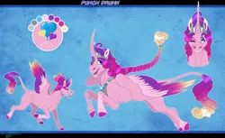 Size: 1607x983 | Tagged: safe, artist:bijutsuyoukai, derpibooru import, oc, oc:punch drunk, alicorn, pony, abstract background, alicorn oc, colored wings, colored wingtips, curved horn, hoof crack, horn, human teeth, jewelry, magical lesbian spawn, male, offspring, parent:pinkie pie, parent:princess cadance, parents:cadancepie, reference sheet, regalia, solo, stallion, uncanny valley, wings