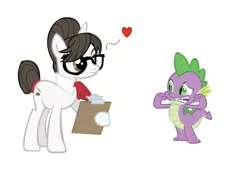 Size: 750x518 | Tagged: safe, artist:30coloredowl, artist:thebosscamacho, derpibooru import, edit, editor:undeadponysoldier, raven, spike, dragon, pony, unicorn, choker, clipboard, female, glasses, heart, in love, looking good spike, male, mare, ravenspike, shipping, simple background, straight, white background