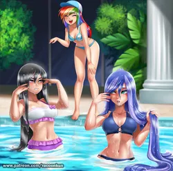 Size: 1495x1484 | Tagged: suggestive, artist:racoonsan, derpibooru import, edit, octavia melody, princess luna, rainbow dash, human, adorasexy, barefoot, baseball cap, belly button, bikini, breasts, busty octavia, busty princess luna, busty rainbow dash, cap, cleavage, clothes, cropped, crying, cute, dashabetes, eyes closed, feet, hat, humanized, laughing, long hair, luna is not amused, octavia is not amused, open mouth, rainbow douche, sexy, swimming pool, swimsuit, tears of laughter, trio, unamused, wet, wet hair