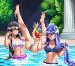 Size: 1495x1322 | Tagged: artist:racoonsan, barefoot, belly button, bikini, breasts, busty octavia, busty princess luna, busty rainbow dash, cleavage, clothes, cropped, cute, derpibooru import, edit, falling, feet, human, humanized, instant karma, karma, long hair, octavia melody, open mouth, princess luna, rainbow dash, slipping, suggestive, swimming pool, swimsuit, trio, wet, wet hair