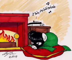 Size: 1140x954 | Tagged: safe, artist:newyorkx3, derpibooru import, oc, oc:tommy junior, earth pony, pony, blanket, colt, fire, fireplace, male, pillow, record player, solo, song, traditional art, wood