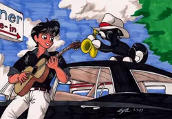 Size: 1923x1329 | Tagged: safe, artist:newyorkx3, derpibooru import, oc, oc:tommy, oc:tommy junior, unofficial characters only, earth pony, human, pony, cadillac, car, guitar, hat, musical instrument, saxophone, sky, traditional art, tree