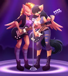 Size: 3021x3377 | Tagged: safe, artist:airiniblock, derpibooru import, oc, oc:ebony winds, oc:pepper spice, unofficial characters only, anthro, pegasus, plantigrade anthro, pony, bass guitar, clothes, electric guitar, female, guitar, jacket, mare only, microphone, musical instrument, pants, punk, rock, singing, spotlight, spots