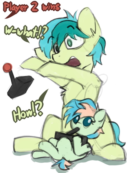 Size: 832x1138 | Tagged: safe, artist:marsminer, derpibooru import, coral currents, sandbar, earth pony, pony, baby, baby pony, brother and sister, controller, cute, dialogue, duo, female, filly, foal, male, no pupils, reaction image, siblings, stallion, surprised