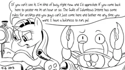 Size: 1200x675 | Tagged: safe, artist:pony-berserker, derpibooru import, rarity, crab, giant crab, pony, unicorn, black and white, female, grayscale, guild of calamitous intent, i can't believe it's not idw, mare, monochrome, nonchalant, pony-berserker's twitter sketches, rarity fighting a giant crab, sewing machine, signature, simple background, sketch, speech bubble, the venture bros., white background