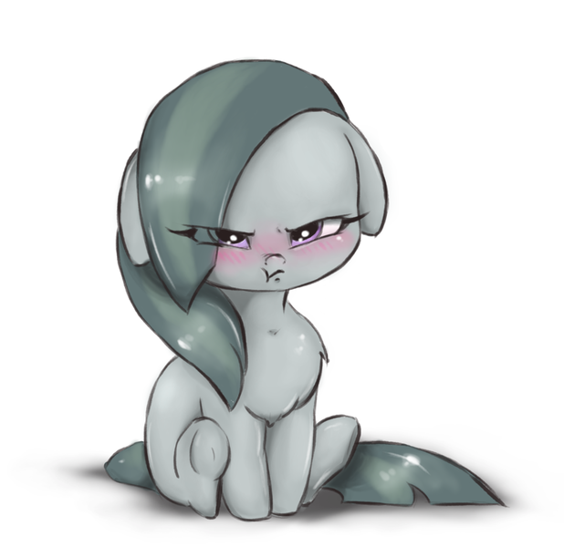 Size: 1634x1586 | Tagged: safe, alternate version, artist:buttersprinkle, derpibooru import, marble pie, earth pony, pony, :t, angry, blushing, chest fluff, cute, female, floppy ears, grumpy, hnnng, madorable, marblebetes, mare, pouting, scrunchy face, simple background, sitting, weapons-grade cute, white background