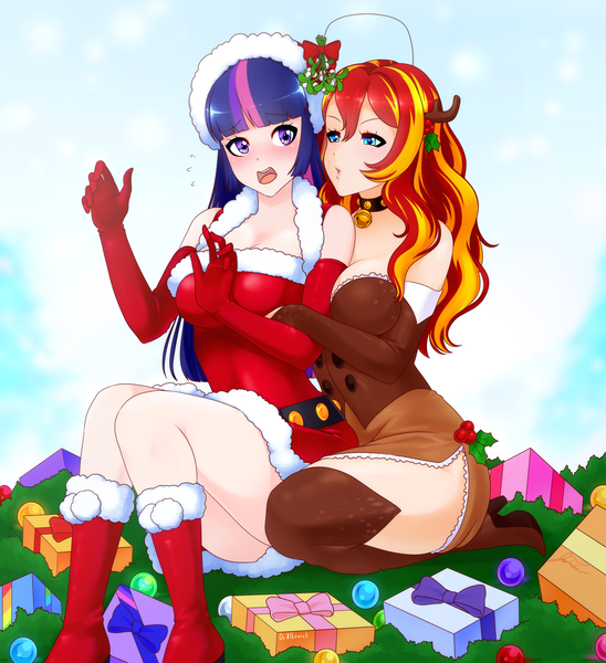 Size: 5300x5800 | Tagged: suggestive, artist:draltruist, artist:jonfawkes, derpibooru import, sunset shimmer, twilight sparkle, human, bell, bell collar, blushing, breasts, busty sunset shimmer, busty twilight sparkle, christmas, clothes, collar, costume, evening gloves, female, gloves, holiday, humanized, kissing, lesbian, long gloves, milestone, mistletoe, present, santa costume, shipping, socks, stockings, sunsetsparkle, thigh highs