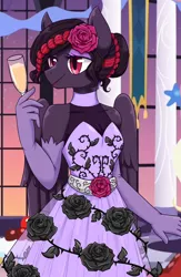 Size: 1700x2600 | Tagged: anthro, artist:jagga-chan, black rose, champagne glass, clothes, derpibooru import, dress, evening gloves, female, gala dress, gloves, goth, long gloves, mare, oc, pegasus, safe, solo