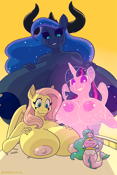 Size: 667x1000 | Tagged: questionable, artist:goat train, deleted from derpibooru, derpibooru import, fluttershy, princess celestia, princess luna, tantabus, twilight sparkle, twilight sparkle (alicorn), alicorn, anthro, bat pony, centaur, siren, sphinx, series:creature-verse, areola, big areola, big breasts, black sclera, breast hold, breasts, busty fluttershy, busty princess celestia, busty princess luna, busty twilight sparkle, centaurified, female, females only, flutterbat, fluttersphinx, giantess, huge breasts, hyper, hyper breasts, impossibly large breasts, macro, nipples, nudity, race swap, sirenified, size comparison, size difference, species swap, sphinxified, tantabusified, tantabus sparkle