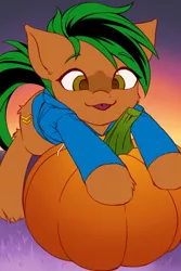 Size: 1000x1500 | Tagged: safe, artist:sallydff, derpibooru import, oc, oc:patutu, earth pony, pony, clothes, halloween, holiday, hoodie, pumpkin, solo, tongue out