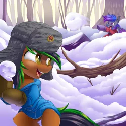 Size: 4000x4000 | Tagged: safe, artist:ask-colorsound, derpibooru import, oc, oc:grey, oc:patutu, unofficial characters only, bat pony, earth pony, pony, clothes, duo, hammer and sickle, hat, hoodie, playing, russia, snow, snowball, snowball fight, ushanka, winter