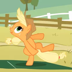 Size: 795x797 | Tagged: safe, derpibooru import, screencap, applejack, earth pony, pony, fall weather friends, bipedal, cropped, female, freckles, looking up, mare, open mouth, raised leg, silly, silly pony, solo, standing, standing on one leg, who's a silly pony