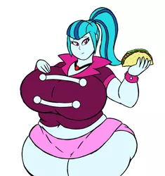 Size: 1707x1818 | Tagged: suggestive, artist:miss-britt, derpibooru import, sonata dusk, human, equestria girls, ass, bbw, belly button, big breasts, breasts, busty sonata dusk, butt, chubby, clothes, curvy, fat, female, food, gem, hourglass figure, huge breasts, huge butt, impossibly large breasts, jewelry, large butt, midriff, necklace, ponytail, simple background, siren gem, skirt, solo, solo female, sonata donk, sonataco, sonatubby, taco, that girl sure loves tacos, thighs, thunder thighs, white background, wide hips, wristband