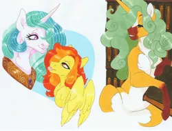 Size: 3803x2891 | Tagged: safe, artist:frozensoulpony, derpibooru import, princess celestia, spitfire, oc, oc:scuttlebutt, pony, unicorn, crack shipping, female, image, jpeg, lesbian, mare, offspring, parent:sunburst, parent:whoa nelly, parents:whoaburst, shipping, spitlestia, traditional art