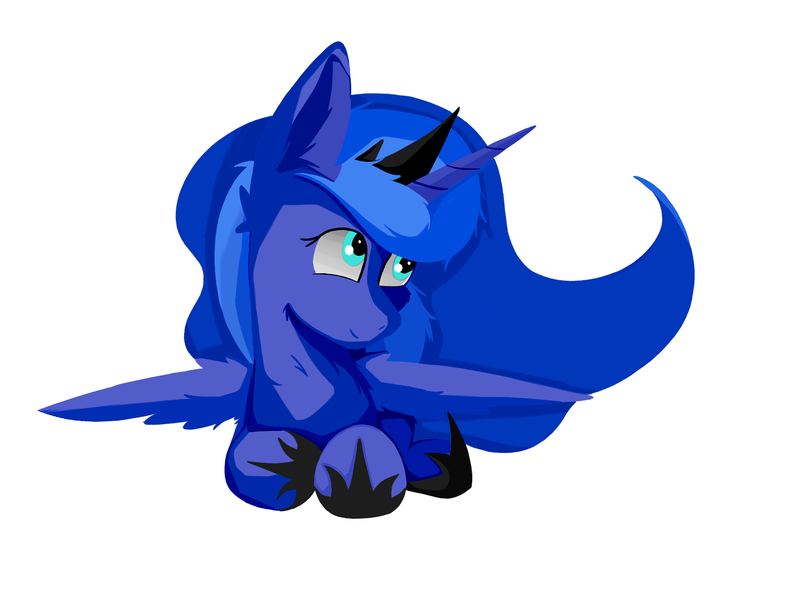 Size: 2424x1784 | Tagged: safe, artist:groomlake, derpibooru import, princess luna, alicorn, pony, chest fluff, colored, crown, ear fluff, female, hoof shoes, jewelry, mare, prone, regalia, simple, simple background, solo, white background