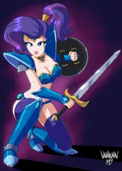 Size: 2643x3695 | Tagged: armor, artist:danmakuman, breasts, busty rarity, cleavage, derpibooru import, human, humanized, looking at you, midriff, open mouth, rarity, shield, solo, suggestive, sword, unconvincing armor, weapon