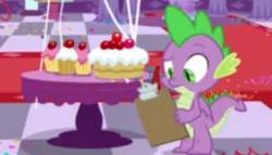 Size: 328x187 | Tagged: balloon, between dark and dawn, cake, candy, checklist, cropped, cupcake, derpibooru import, dragon, food, gumdrop, party, safe, screencap, solo, spike, winged spike