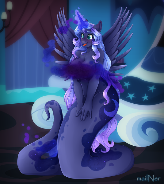 Size: 4872x5463 | Tagged: suggestive, artist:mailner, derpibooru import, princess luna, alicorn, anthro, lamia, original species, absurd resolution, adorasexy, blushing, breasts, busty princess luna, cute, dawwww, fangs, female, glowing horn, heart hair, horn, huggable, lamiafied, long hair, luna's room, lunabetes, magic, mare, monster mare, open mouth, sexy, slit eyes, snake tail, solo, solo female, species swap, split tongue, spread wings, strategically covered, tongue out, transformation, weapons-grade cute, what has magic done, wings