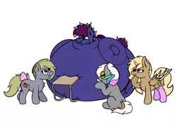 Size: 4199x3000 | Tagged: suggestive, artist:aaathebap, derpibooru import, oc, oc:aaaaaaaaaaa, oc:linx, oc:summer chills, oc:taco butter, alicorn, bat pony, alicorn oc, bat pony oc, bat wings, belly, big belly, blueberry inflation, bow, butt, desk, embarrassed, helpless, horn, huge belly, huge butt, impossibly large belly, impossibly large butt, inflation, large butt, laughing, male, malesub, school, stuck, submissive, tail bow, wings